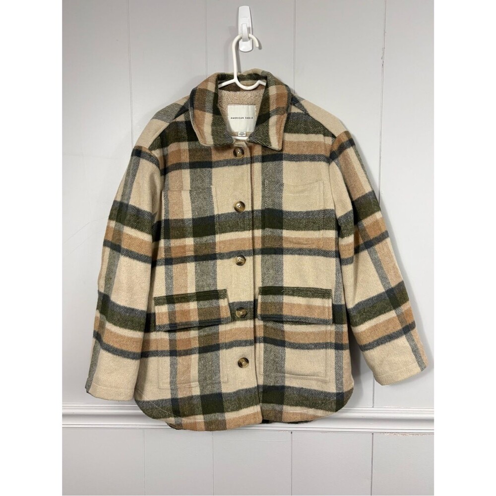 American Eagle Plaid Shacket Faux Fur Sherpa Lined Button Down Medium Jacket